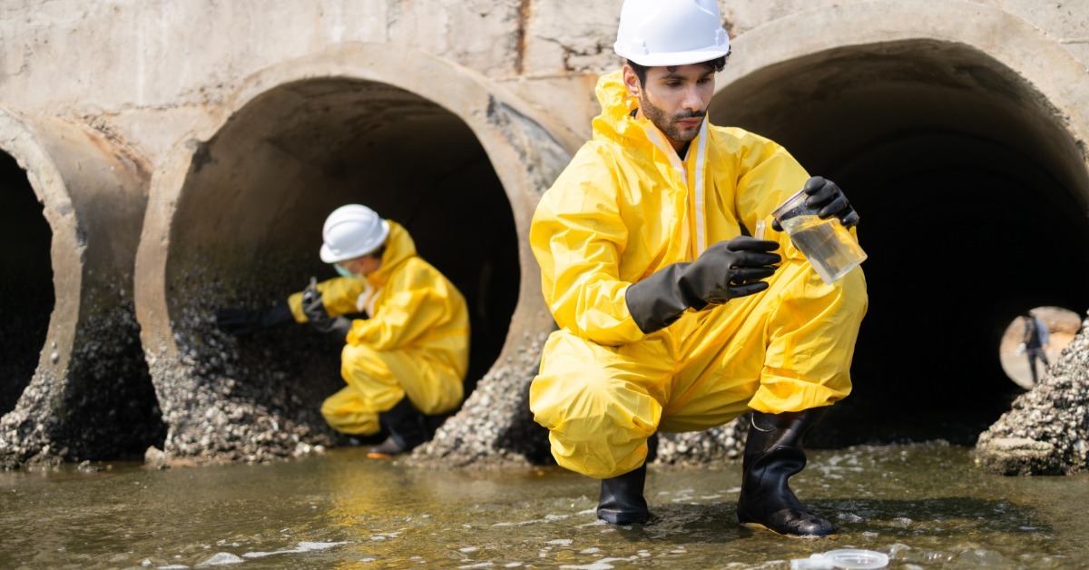 Two people in yellow protective suits collecting water samples near concrete drainage pipes and shallow water.